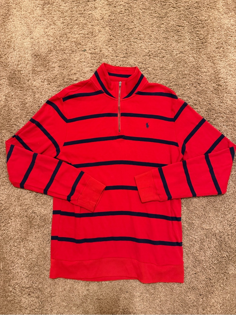 Polo by Ralph Lauren Red and Navy Striped Half-Zip Sweater